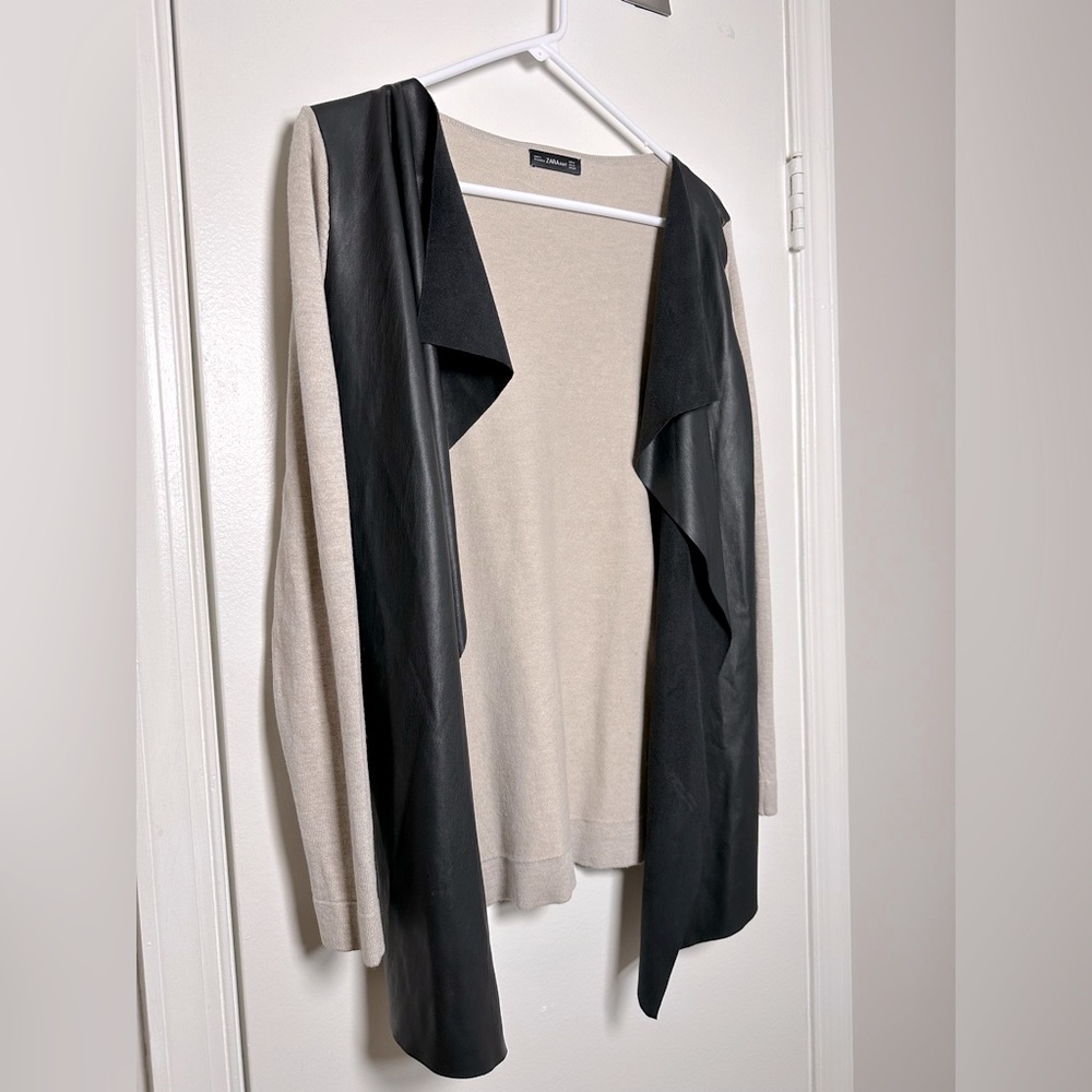 Zara Knit Women's Medium Cardigan Sweater Black Beige Faux Leather